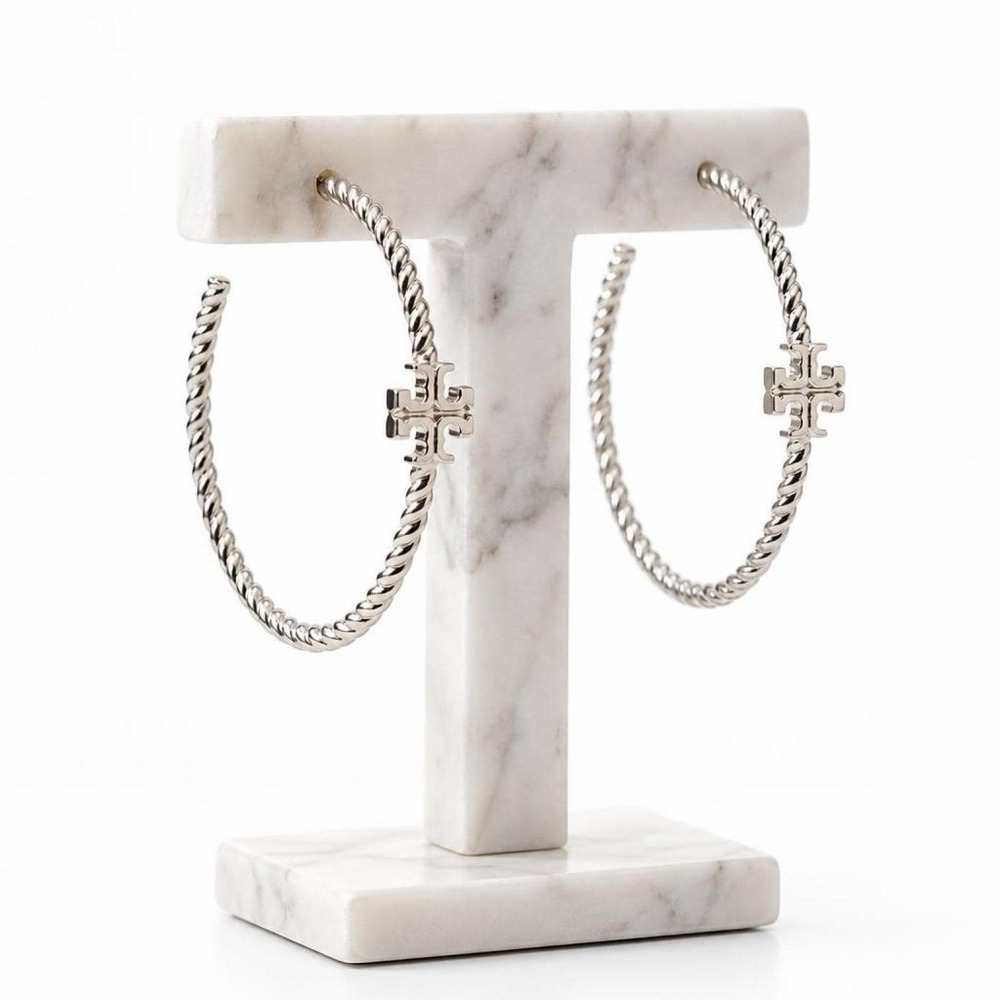 NWT Tory Burch Silver Textured Rope Hoop Earrings / Box & Dustbag Included